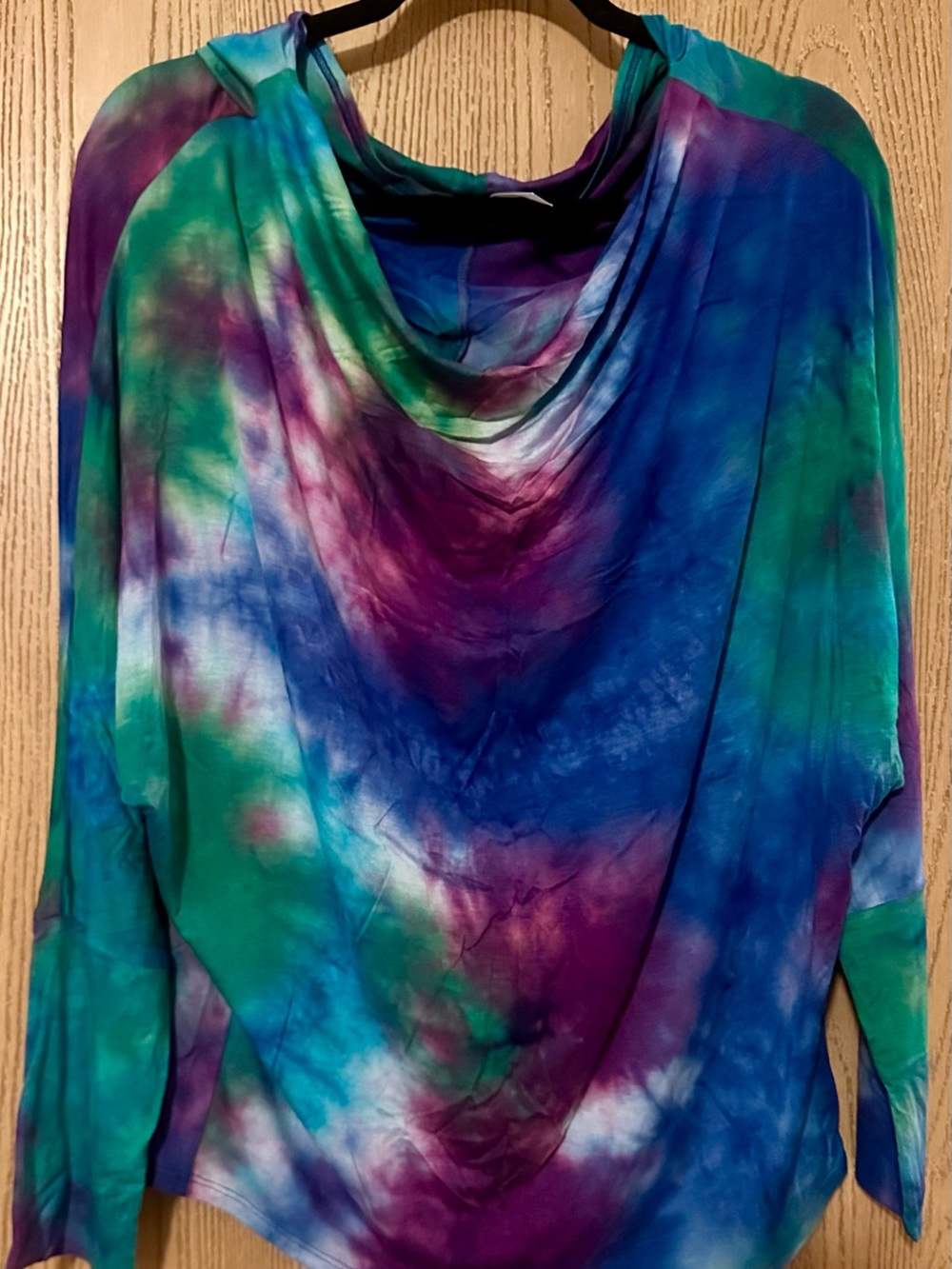 Boutique Tie-Dye Cowl Neck Top in Green, Blue & Purple